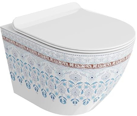 LAVITA Wand-WC Sofi Slim Folklor | Hänge Toilette | WC Sitz | Toilettendeckel mit Absenkautomatik & Metallscharniere | Toiletten Spülrandlos Hängend | Toilettenbecken | 365x490x395 mm | Weiß/Blue