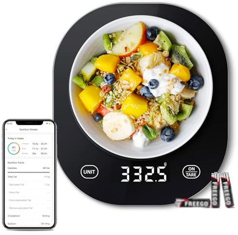 arboleaf Balance de cuisine numérique, noire, 10 kg/0,5 g, avec application, Bluetooth, avec analyse nutritionnelle et fonction tare en verre trempé de 3 mm, affichage LED Avec piles incluses