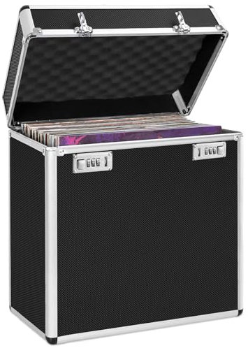 OUUTMEE Custodia per dischi in vinile, capacità di memoria: circa 50 dischi, colore nero, design in lega di alluminio, Nero , Valigetta per vinili