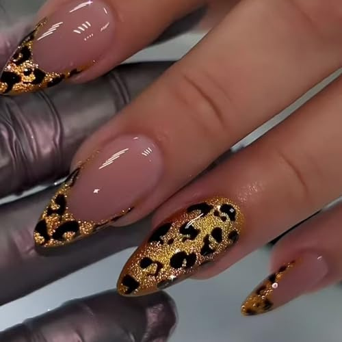 Ceboic Press on Nails Medium Almond, 24PCS French Fake Nails with Leopard Designs, Gold Glitter False Nails Glossy Full Cover Glue on Nail, Supremely Fit & Natural Stick on Nail for Women Gift