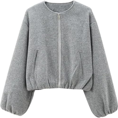 Yancremio Modische Tweedjacke für Damen mit Rundhalsausschnitt Lockere langärmlige Kurze Retrojacke in Volltonfarbe mit Reißverschluss Übergroße lässige Outdoor Sportjacke (Grau,L)