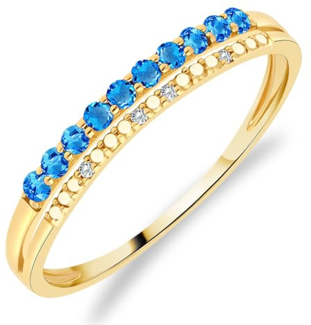 Planetys - Bague Or Jaune 375/1000 pour Femme sertie Pierres Précieuses 10 Topazes Bleu Suisse naturelles et 4 Diamants naturels