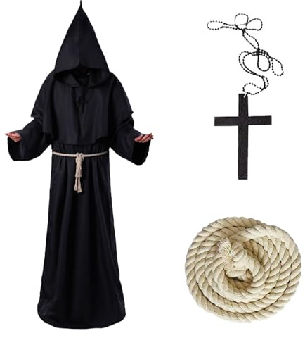 KOMEIYL Disfraz de Monje, Medieval Disfraz de Monje Sacerdote, Túnica Monje Disfraz con Capucha, Halloween Renacimiento Traje Fraile con Cruz y Cuerda, Aplica Disfraces Festival Halloween (L)