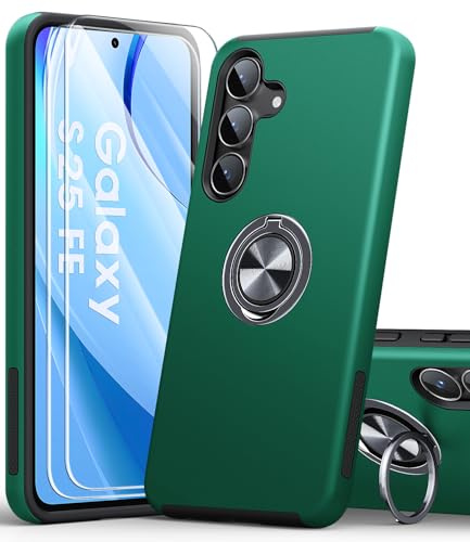 AOUIA for Samsung Galaxy S25 FE Case with 2-Pack Screen Protector, 3-in-1 Set Cover, 360°Rotating Ring Stand, Military Protection, Shockproof Phone Case for Samsung S25 FE, Deep Green