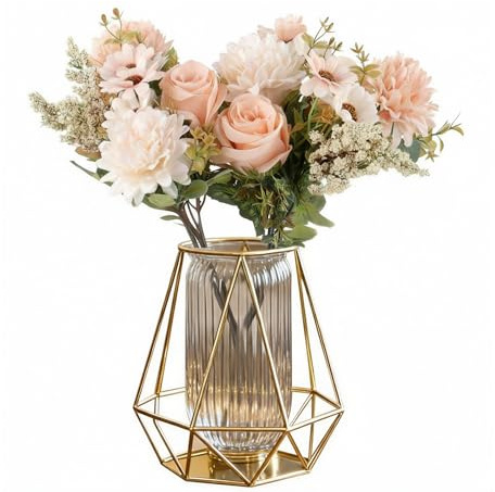 2 Bunches champagne Roses Artificial Flowers for Decoration, Fake Flowers,Decorative Artificial Roses Peonies Peony Hydrangea,Faux Silk Flower Bouquets for Home Table Arrangements Wedding Vase Decorat