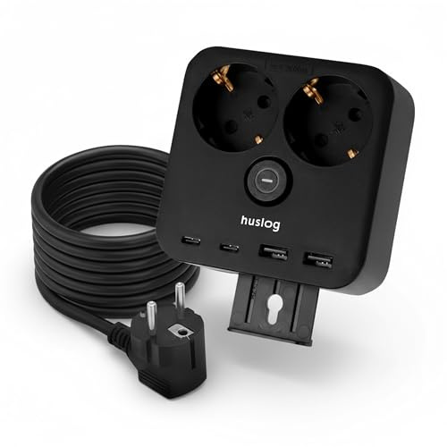 Huslog cubo multipresa con 2 prese Schuko, 2 porte USB-A e 2 USB-C, 3680W multipresa con interruttore, supporto per smartphone e montaggio a parete, cavo da 1,4 m – distributore di corrente compatto