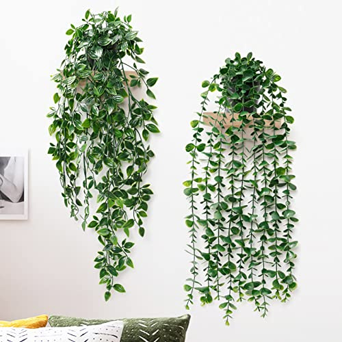 2 plantas artificiales colgantes de hojas de eucalipto con macetas, 50 cm de largo, sin mantenimiento, plantas artificiales de vid, plantas decorativas para el jardín, interior y exterior