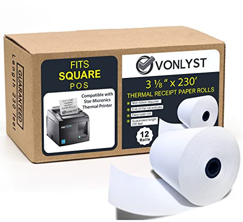 Vonlyst Receipt Paper Roll 3 1/8 x 230 for Square Register and Square POS System connected to Star Micronics Thermal Printer (Pack 12 rolls)