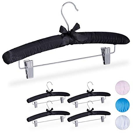 Relaxdays Satin Kleiderbügel im 5er Set, gepolstert, Vintage, verstellbare Clips, drehbarer Haken, 38 cm breit, schwarz