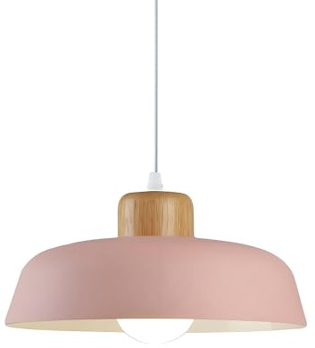 HJXDtech ⌀30cm Pendelleuchte Esstisch, Moderne Bunt Hängeleuchte aus Metall & Holz E27-Fassung, Höhenverstellbar Hängelampe für Küchen, Esszimmer, Schlafzimmer & Wohnzimmer (Rosa)