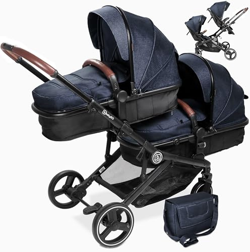 BABYGO Kinderwagen 3 in 1 für Zwillinge - Geschwisterkinderwagen/Geschwisterwagen für Babys - Zwillingskinderwagen/Zwillingswagen für 2 Kinder mit viel Zubehör (Grau Anthrazit Melange-ohne Babyschale)
