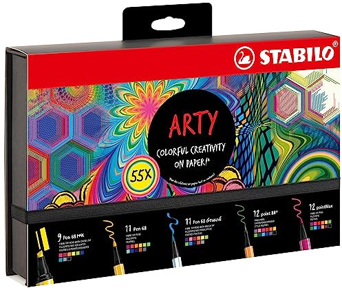 Stabilo ARTY Creative Set - Set Creativo - Cofanetto con 55 Pennarelli & Fineliner - 9 Pen 68 MAX, 11 Pen 68, 11 Pen 68 brush, 12 point 88 & 12 pointMax