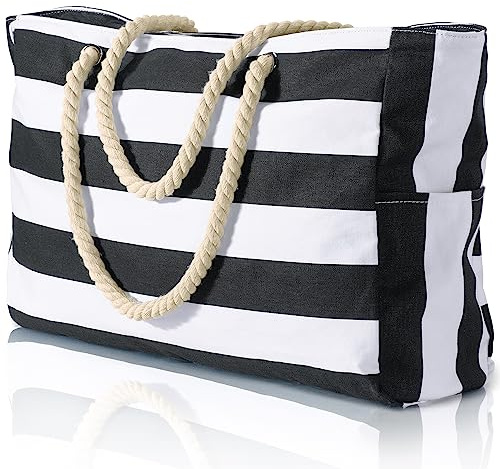Becokan Beach Bag Large Beach Tote Bag for Women Waterproof Sandproof Swim Pool Bag With Zipper (Black)