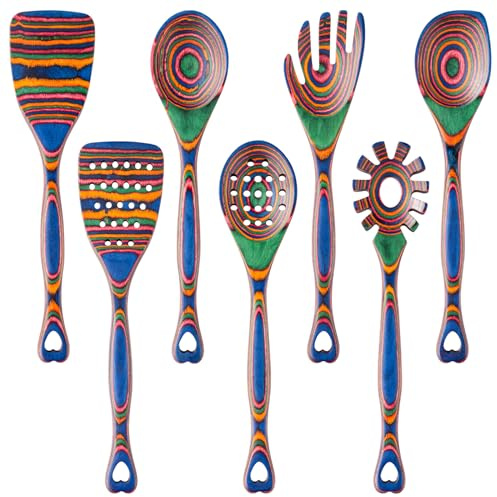 Gudamaye Pakkawood 7-Piece Wooden Cooking Utensils, Wooden Spoons for cooking, Pakkawood kitchen Utensils for Cooking, Non-Stick Spoon, Household Essentials, Heat-Resistant Spoons
