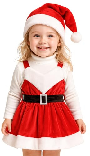Yaopelky Vestito da Babbo Natale per Bambina Bambine Gonna in Velluto con Cappello Carino con Cintura Neonato Vestito di Natale
