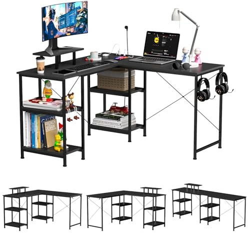 Scrivania Gaming ad L con Design Reversibile, Scrivania ad L con 2 Prese e 2 Porte USB, Scrivania ad Angolo con Monitor, Tavolino Computer a Forma L Ripiani Portaoggetti, 130×130 cm (Tipo L)