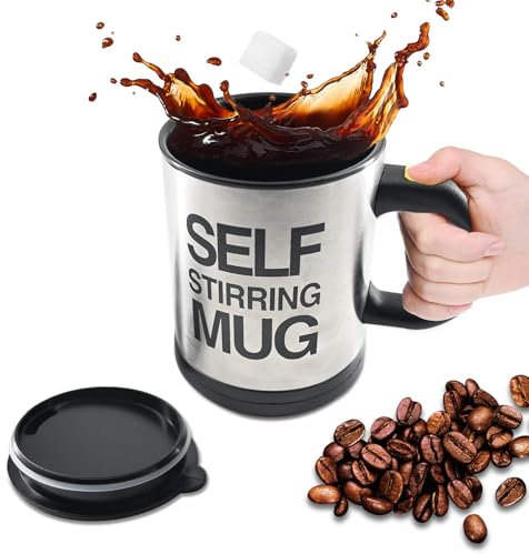 Self Stirring Coffee Mug Cup, Self-Priming Stainless Steel Coffee Mug Automatic with Lid - 450ml, Electric Lazy Travel Cup to Stir Your Coffee/Hot Chocolate/Milk/Shake (Batteries Not Included)