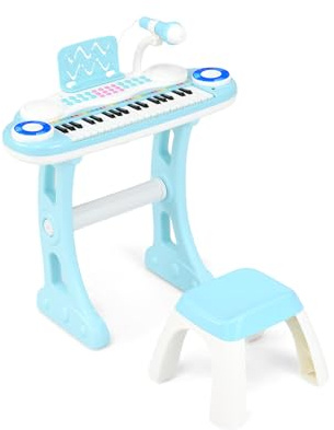 COSTWAY Set Pianoforte Digitale 37 Tasti per Bambini, Tastiera Elettronica con Microfono Sgabello, 8 Ritmi e 8 Strumenti, Funzioni di Record e Playback, Pianoforte Giocattolo per Ragazzi 3+Anni (Blu)