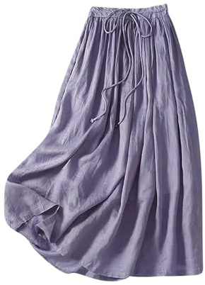 Women's Cotton Linen Skirts Retro Vintage Flowy Long Skirt Elastic Waist Summer Maxi Skirts Casual Loose Beach Boho Vacation Skirt Ladies UK
