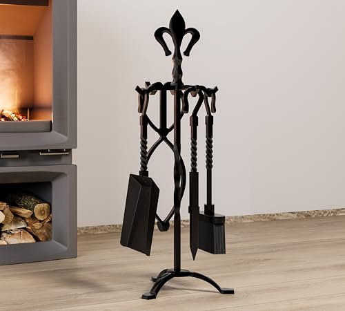 Kingson Ensemble de 5 accessoires de cheminée en fonte – Finition noire – Comprend tisonnier, pince, brosse, pelle et support – Ensemble d'outils de cheminée pour cheminées ouvertes traditionnelles