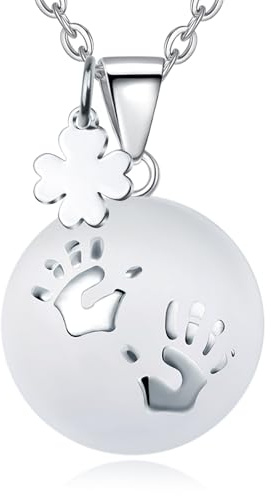 CELESTIA Llamador de Angeles Embarazada, Chapado Plata Collar Protección Embarazo con Colgante Huella de la Mano y Trébol - Cordón 76 cm y Cadena 114 cm, Regalos Embarazadas Originales