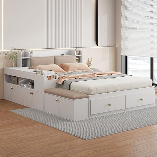 Oxtao Letto combinato in legno massello 140 x 200 cm, testiera con vano portaoggetti integrato, letto matrimoniale con divano-panchina, cassetti e comodino, con armadietto lungo, letto a tatami, senza