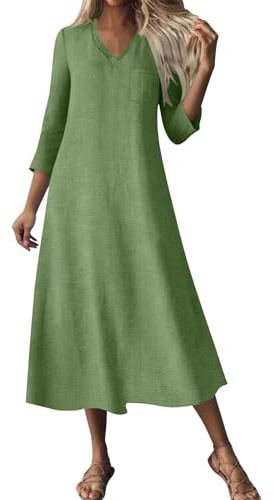 Abiti in Lino Estivi Donna Manica Corta Vestito Lungo Tinta Unita Abiti da Spiaggia in Lino di Cotone Abito Allentato Casual Vacanza Festa Copricostume Mare per la Primavera e L'Estate Confortevole