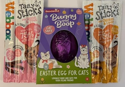 Katzen-Osterei (mit Katzenminze) und leckere Sticks Leckerlis (Huhn/Lachs)