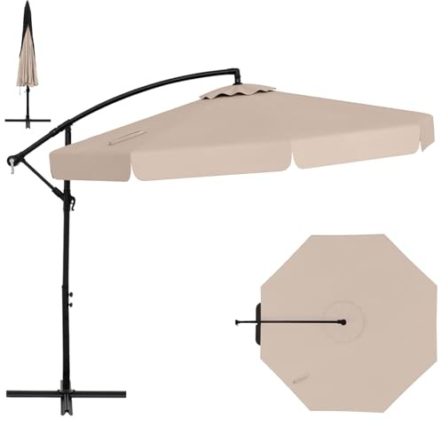 SFAREST 3M Garden Cantilever Umbrella, 8 Ribs Outdoor Offset Parasol with Cross Base, Hand-Crank, Tilt Adjustment and Ruffled Edge, Hanging Sunshade Canopy for Patio Poolside (Beige)