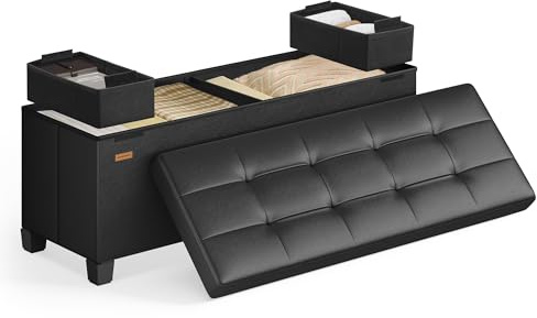 SONGMICS Storage Ottoman, 110 x 38 x 40 cm, Folding Storage Bench with Lid, Footstool, Footrest, 112 L, PVC Leather Surface, for Bedroom, Hallway, Living Room, Ink Black LSF0514BH02