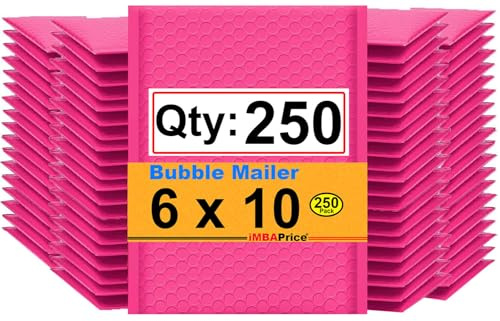 iMBAPrice 250-Pack #0 (6 x 10) Premium Hot Pink Color Self Seal Poly Bubble Mailers Padded Shipping Envelopes (Total 250 Bags)