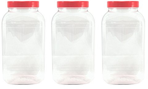 3 Large Storage Jars with red Screw top lids by Britten & James. Crystal Clear Food Grade Plastic - Safe, hygienic and Attractive.