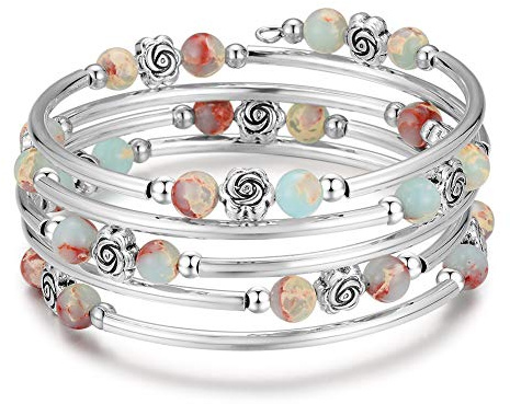 BULINLIN Wrap Bangle Rose Bead Bracelet - Beaded Bracelet with Natural Agate Stone Gifts For Women(01-Green)