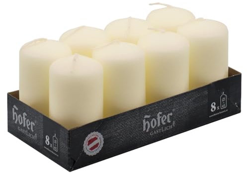 Hofer - Stumpenkerzen Säulenkerzen - 8 Stück Set - Durchmesser 4,5 cm, Höhe 9 cm - Lange Brenndauer ca. 12 Stunden - Elfenbein Ivory Creme,kein Duft,Tropffrei Wachskerzen,Hergestellt in Österreich