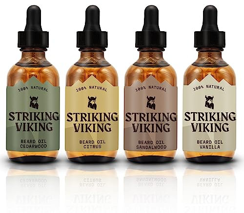 Striking Viking Bartöl 4er-Pack – Weichmachendes & pflegendes Pflegeöl für Männer – Zitrus, Vanille, Sandelholz & Zedernholz-Düfte – Angereichert mit Argan- & Jojobaöl – Duftendes Bartöl – Bart-Set