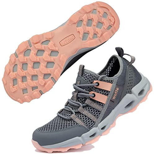 Ranberone Chaussures de Sport en Plein Air Antidérapantes Chaussures Eau en Maille Respirante Chaussures de Randonnée Chaussures de Marche Été pour Femme Gris Orange 41