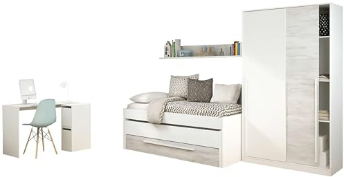 Miroytengo Pack Muebles Dormitorio Juvenil Completo en Color Blanco y Roble Claro Cama + Armario + Escritorio. Incluye Somieres