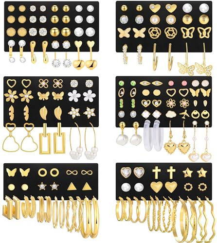 84 Pairs Gold Stud Earrings Set for Women Multipack, Fashion Pearl Cubic Zirconia Butterfly Earrings Packs Piercings, Hypoallergenic Stud Hoops Earrings for Gift