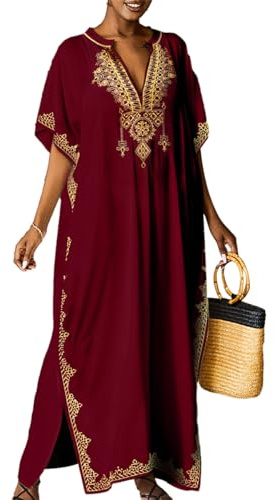 Bsubseach Robes Kaftan Pour Femme Maillot De Bain Coverup Plus Size Plage Caftan Swim Cover Up Broderie Rouge