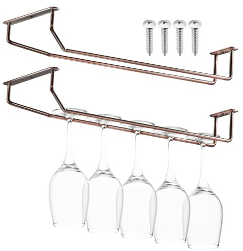 Cosmos 2 Pcs Wine Glass Holder Shelf Under Cabinet Wire Hanger Stemware Rack Wine Glasses Storage Hanger Organizer Holder for Wine Stem Glasses in Kitchen Bar Pub (Antique Copper Finish)
