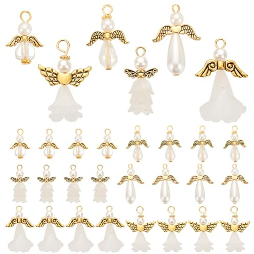 PH PandaHall 48 st 6 stilar änglavingar berlocker, vita päronpärlor blomkepsar med antik gyllene vinge pärlor ängel älvvvinge pärlor dingla hängen för gör-det-själv halsband armband smycken