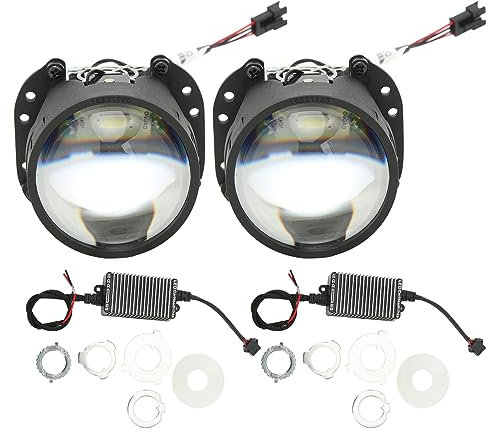 2.5in Bi LED Projector Lens Car Headlight Retrofit Kit with White LED Angel Eyes Spiral Shrouds, High Low Beam 6000K White for H1 H4 H7 HB3 HB4 D1 Bracket Cars