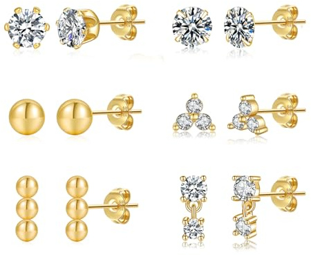 Senteria Gold Ohrstecker für Damen Hypoallergen Kleine Ohrringe Gold Stecker für Damen Mehrere Piercings 6 Paar