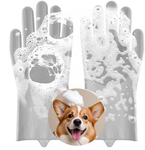 AOZUO Guantes de aseo para mascotas, lavado para perros y gatos, guantes de aseo de silicona resistentes al calor, para masaje, fregar y quitar el vello (gris)