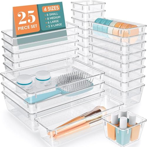 KAHEIGN 25 Pezzi Organizer per Cassetti in Plastica Trasparente, 4 Misure Vassoi Portatrucco Versatili Divisori per Cassetti da Scrivania per Bagno Ufficio Camera da Letto Cosmetici Gioielli Gadget