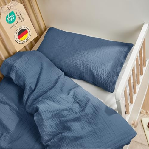 Laleni Ropa de cama infantil de muselina de algodón, 100 x 135 cm + funda de almohada de 40 x 60 cm, certificado Oeko-Tex, 2 piezas, Queen (100 x 135 cm) + Pillow (40 x 60 cm), Azul