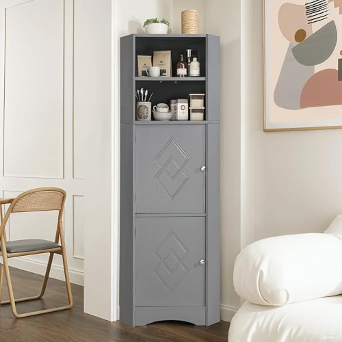 I0I&I0I Badschrank, Eckschrank Badezimmer mit Türen & Offenen Fächern, Verstellbarer Einlegeboden, Platzsparend, Wasserdicht, Feuchtigkeitsresistent,Modern, Badmöbel (Grau)