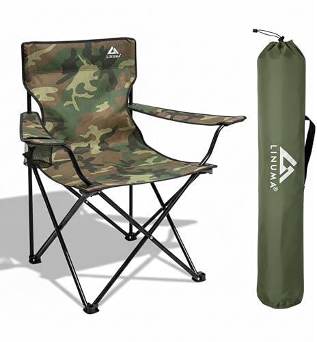 LINUMA Chaise Pliante Camouflage - avec Porte-gobelet et Sac de Transport - Chaise de pêche, de Jardin, de Relaxation, de pêche - 1 pièce