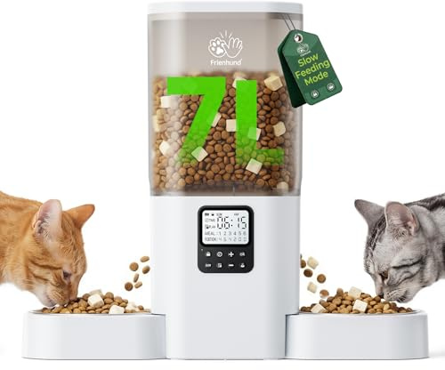 Frienhund Timed Automatic Cat Feeder for 2 Cats: Cat Food Dispenser with Slow Feed, Dual Pet Feeder with Timer & Information Visualization, Double Auto cat Feeder for Multiple Pets, Easy Clean - 7L