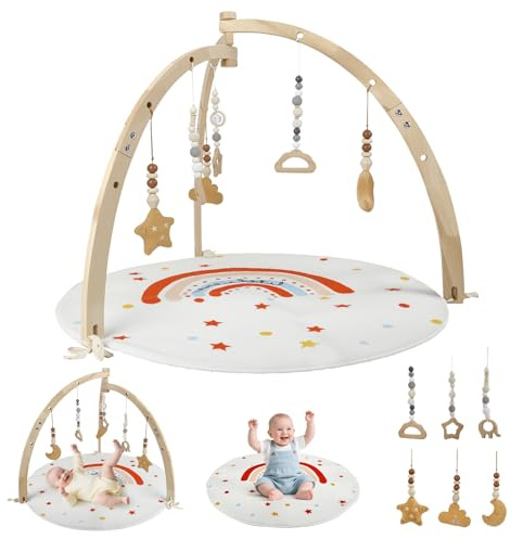 Babe Spielbogen Baby Holz,spielebogen babies holz,Crawling Decke fürBaby,zur Motorik & Sinnesförderung,Baby Spielmatte mit 6 Abnehmbar Montessori Sensorik Spielzeug,Geschenk für Neugeborene 0-36Monate